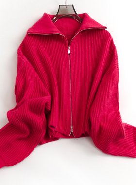 纯色宽松大翻领拉链开衫软糯2024秋季长袖针织开衫外套女毛衣F984