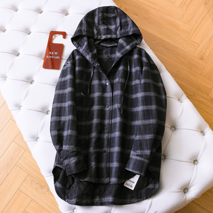 夹棉2025冬季 宽松中长款 新款 长袖 外套Q007 复古格纹连帽衬衫 女装 式