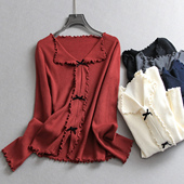 2025秋季 新款 长袖 甜美蝴蝶结木耳边V领弹力修身 减龄女针织衫 B536