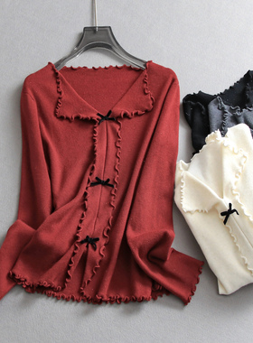 甜美蝴蝶结木耳边V领弹力修身2025秋季新款长袖减龄女针织衫B536