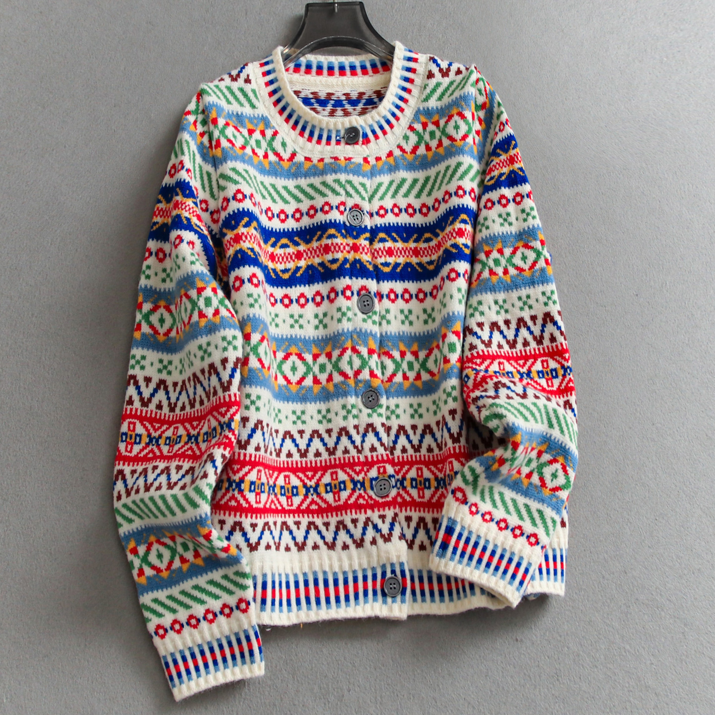 彩色提花圆领排扣长袖毛衣女开衫