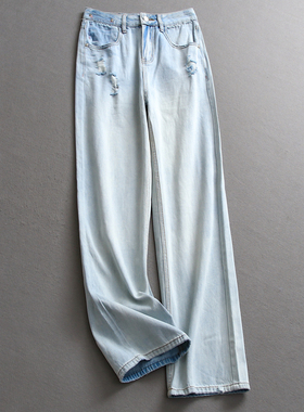 浅蓝色破洞水洗磨白高腰显瘦宽松直筒裤百搭休闲阔腿女牛仔裤Z686