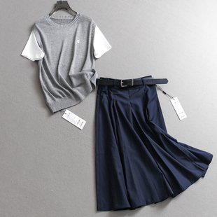 可配一整套半身裙女时尚 撞色相拼短袖 圆领薄款 针织衫 C667 两件套装