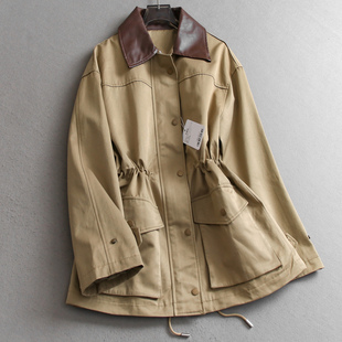 长袖 巴恩风撞色PU翻领中长款 新款 2025秋季 女外套V297 风衣复古工装