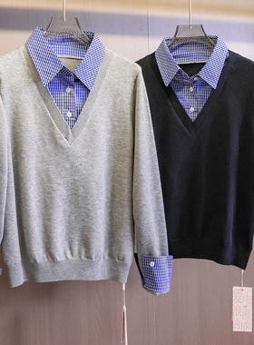 格纹衬衫领拼接假两件套头针织衫2026春季新款长袖百搭女毛衣W216