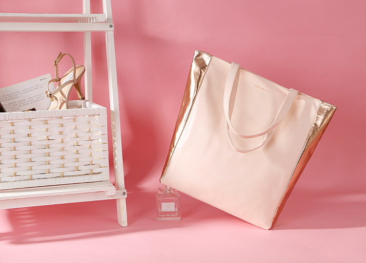 法系 优雅清新粉香槟色拼接撞色pu单肩包手提包购物袋 沙滩包363g