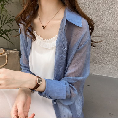 Summer new Korean versatile large size solid color shirt women's long sleeve top loose thin sunscreen shirt fashion