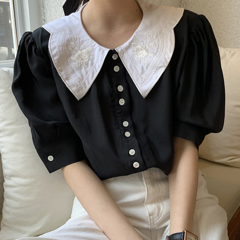 Korean retro Embroidery Flower doll Lapel contrast stitching loose satin silk bubble sleeve shirt