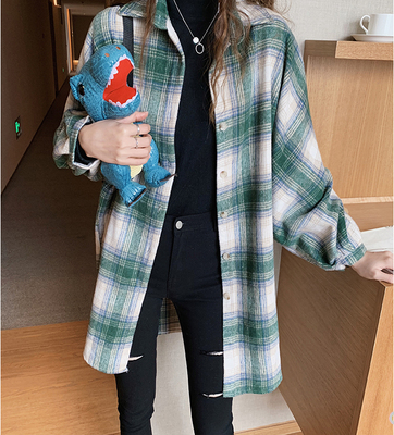 Woolen Plaid Shirt women's New Retro Hong Kong Style medium length top design feeling long sleeve shirt coat fashion