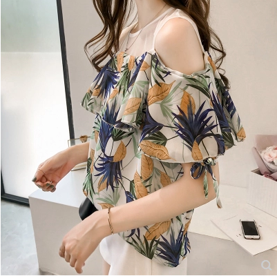 New Korean temperament yarn mesh splicing round neck printing chiffon shirt women's Short Sleeve Ruffle Top