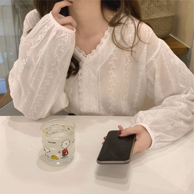 White lace hook flower thin collar long sleeve women's new loose and slim casual sunscreen top in early autumn