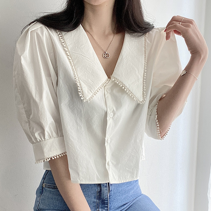 South Korea sweet age reduction big Lapel stitching lace single breasted loose and versatile bubble sleeve shirt blouse