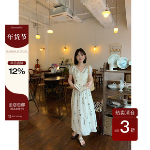 板栗西西【季风独白】夏季简约设计感小v领气质短袖连衣裙长裙