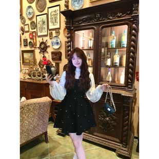 短款 板栗西西 秋冬款 法式 背带蓬蓬裙黑色连衣裙子女 星落云散