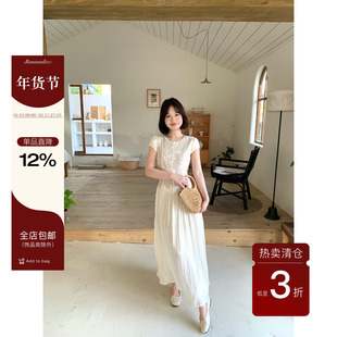 板栗西西【优雅月光】法式轻奢提花拼接短袖长裙显瘦连衣裙