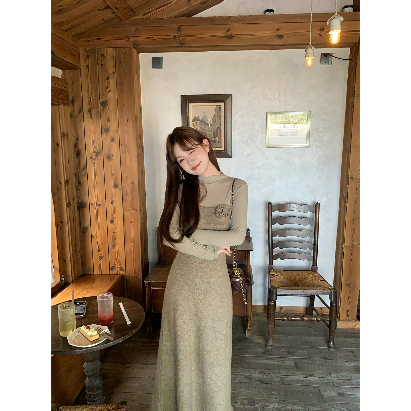 板栗西西【实穿主义】韩系简约杏灰色打底衫半高领长袖T恤