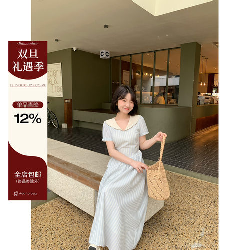 板栗西西【条纹定律】夏日设计时尚收腰显瘦条纹海军领短袖连衣裙