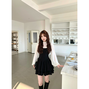 板栗西西【伊甸日记】法式赫本短款背带短裙黑色连衣裙子女套装
