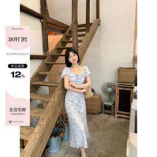 板栗西西【夏日蓝风铃】法式甜美碎花巨好看短袖连衣裙小个子长裙