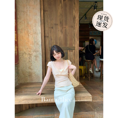 法式V领蕾丝花边短袖亚麻上衣女