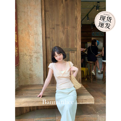 法式V领蕾丝花边短袖亚麻上衣女