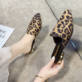 粗跟包头半拖女懒人凉拖鞋 豹纹拖鞋 时尚 新款 女尖头外穿2021春夏季