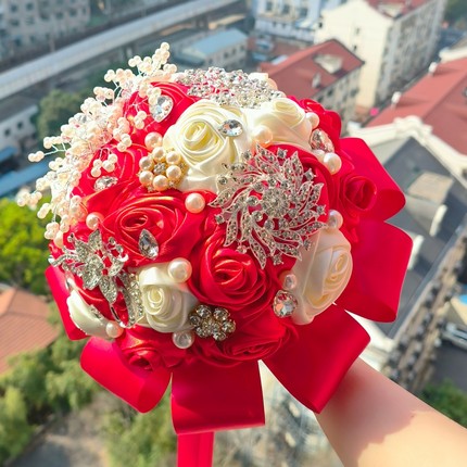 芳华新娘手捧花高级感珍珠水钻结婚婚礼礼物diy材料包成品红色
