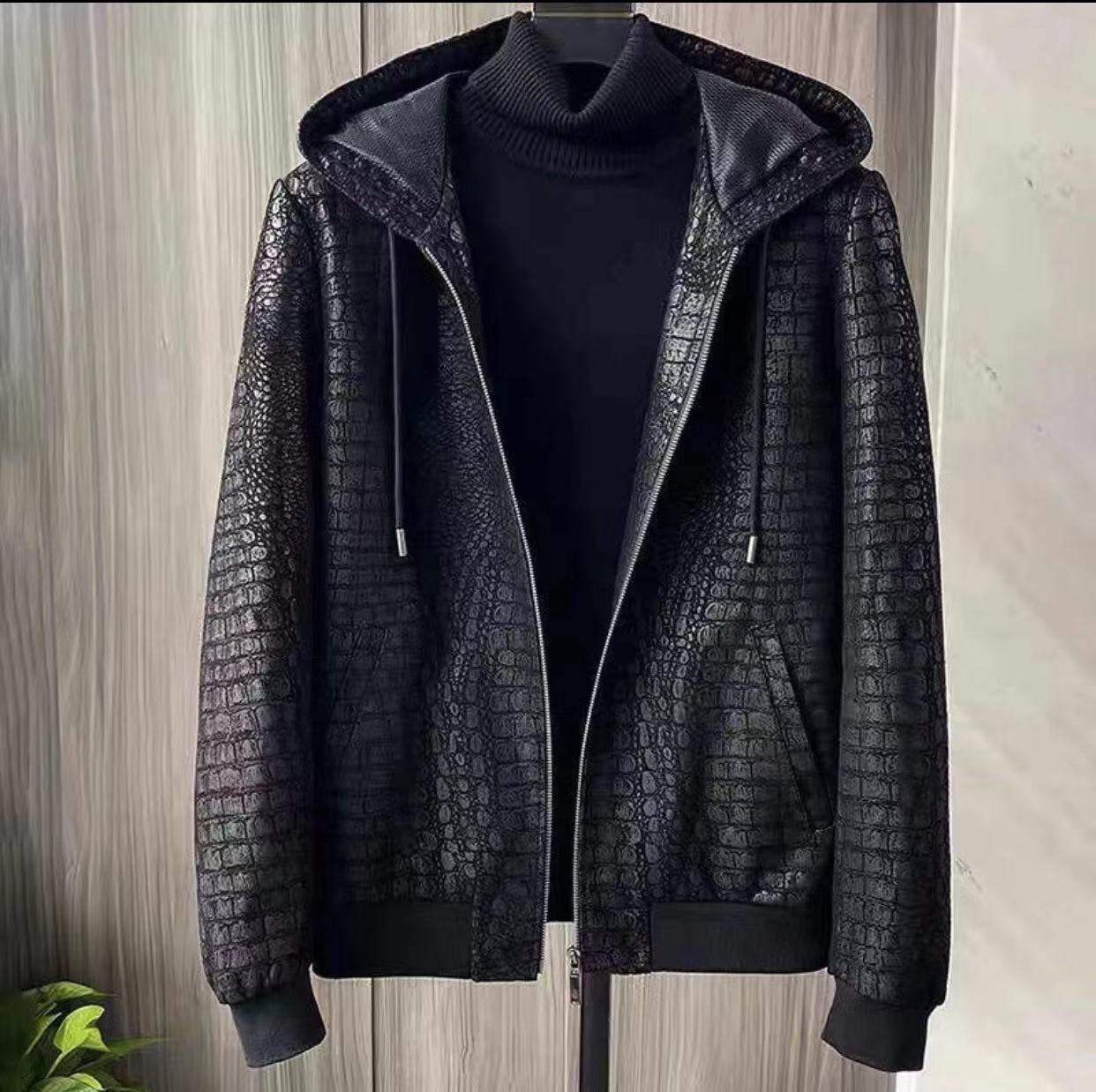 春季新款男士连帽款皮衣绵羊皮男装外套风衣时尚休闲高端修身显瘦
