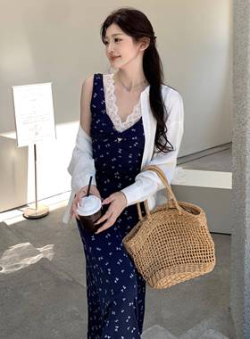 JAMUUS法式碎花蕾丝拼接连衣裙气质显瘦a字长裙+醋酸微透防晒衬衫