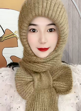 秋冬加绒保暖帽子女2025新款松鼠绒围巾一体针织毛线帽包头风雪帽