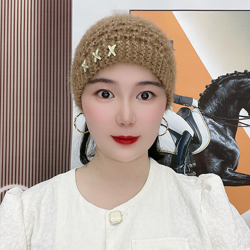 新款松鼠绒针织毛线帽遮白发秋冬洋气头套包头帽护耳保暖发带帽女