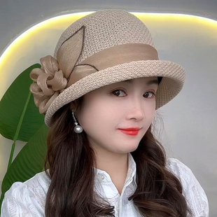 卷边太阳帽女士洋气礼帽夏季凉帽花朵草帽帽子女款2025新款防晒帽