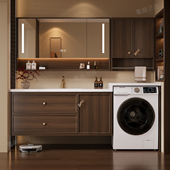 中古风橡木洗衣机一体柜组合卫生间岩板无缝陶瓷盆悬挂卫浴柜定制