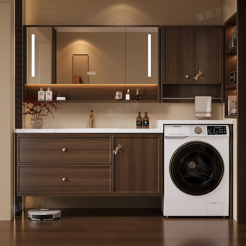 中古风橡木岩板陶瓷盆浴室柜定制