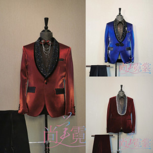 北京租赁 西装 出租男款 主持人西服礼服演出服年会晚会酒红丝绒修身