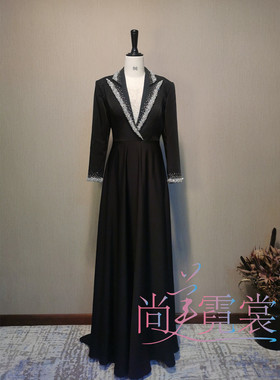 出租礼服黑色轻奢重工大码晚礼服裙西装领大气高端长款指挥连衣裙