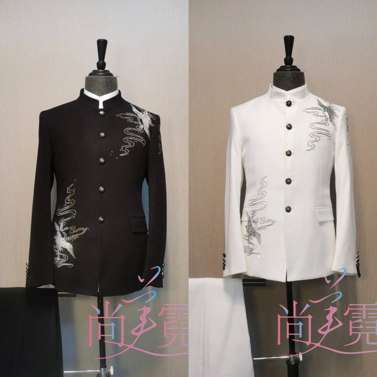 出租中国风中华立领刺绣中山装黑白修身潮流青年装礼服北京实体店