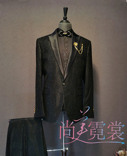 出租男士年会主持人blingbling黑色闪亮韩版修身西服套装演出服装