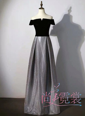 出租赁黑色银色一字肩长款礼仪合唱宴会时尚简约晚礼服北京实体店