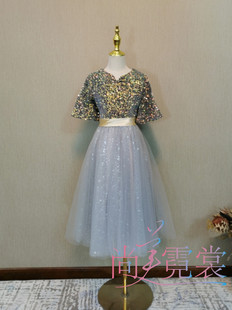 女童钢琴演出灰色亮片中袖礼服裙小学生合唱表演服北京实体店出租