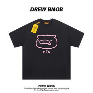 DREW美式 T恤男女纯棉夏季 宽松潮流情侣半袖 潮牌猪头卡通印花短袖