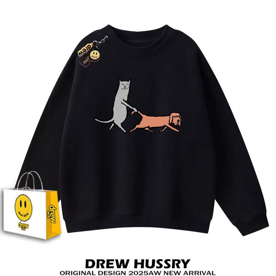 Drew美式趣味猫狗长袖圆领卫衣男女纯棉春秋季薄款宽松情侣款上衣