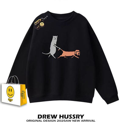 Drew美式趣味猫狗长袖圆领卫衣男