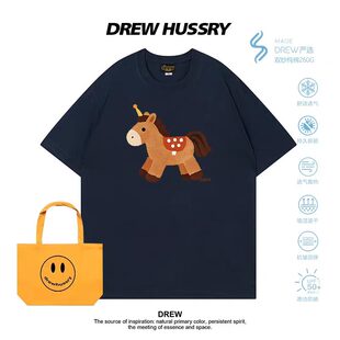 Drew美式 T恤男女纯棉夏季 新款 宽松百搭情侣上衣 卡通木马印花短袖