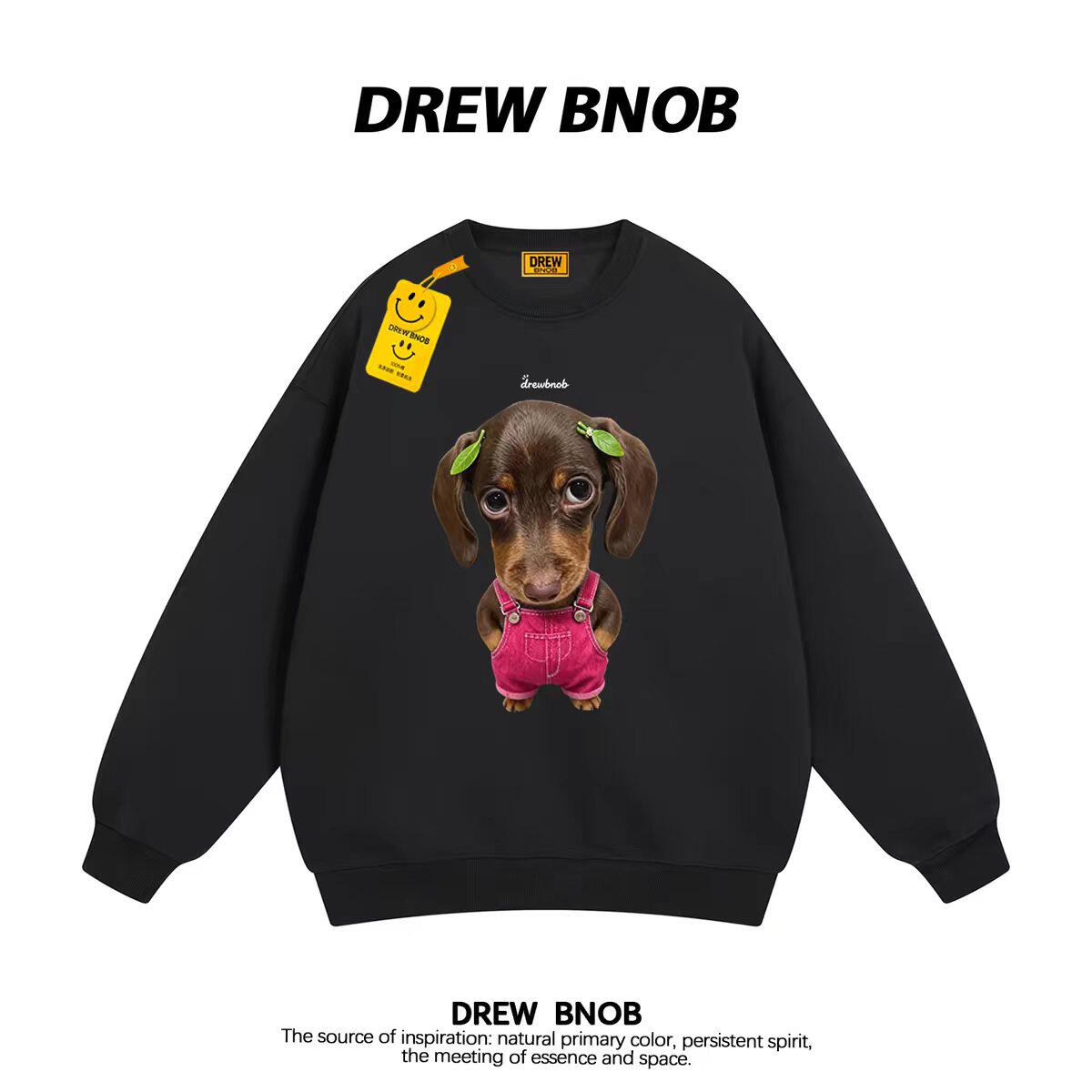 Drew卡通风狗狗印花重磅纯棉圆领卫衣男女秋冬款加绒加厚宽松上衣