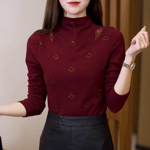 半高领打底衫女秋冬2024新款保暖洋气加厚德绒内搭烫钻百搭款上衣