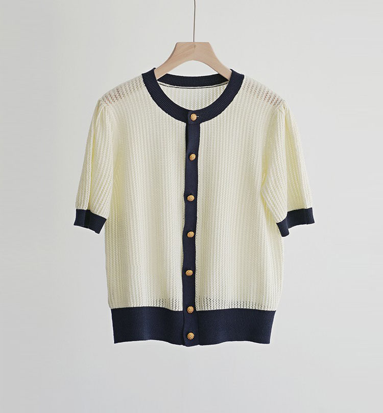 法式柔情香风 撞色金扣缕空冰丝舒适透气宽松短袖针织开衫上衣女