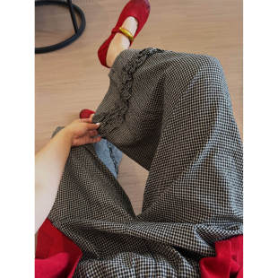 女 裙裤 2026春夏新款 百搭宽松格纹阔腿九分花边高腰松紧时尚