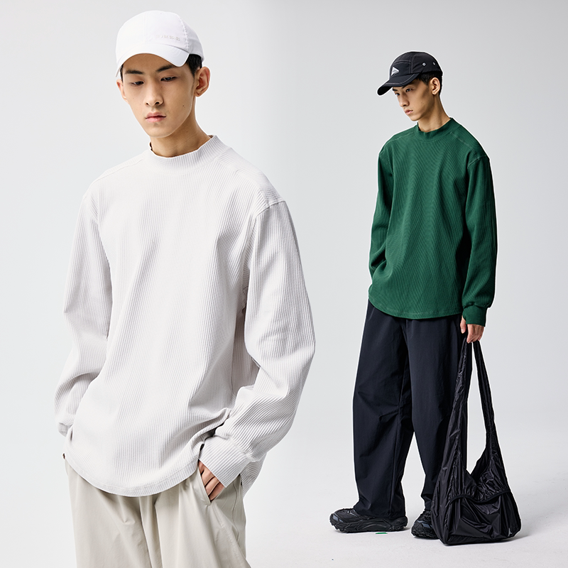 BENPANDA 秋季华夫格T恤男长袖中领套头衫抗皱基础宽松打底衫上衣