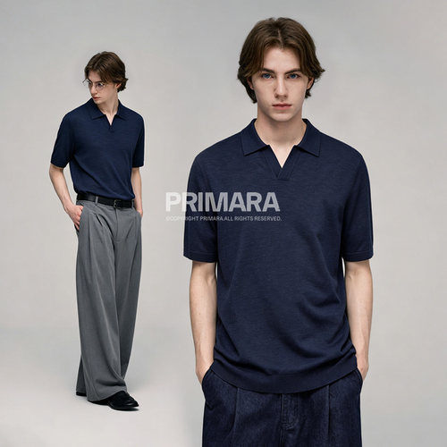 PRIMARA亚麻棉海鸥领Polo衫男